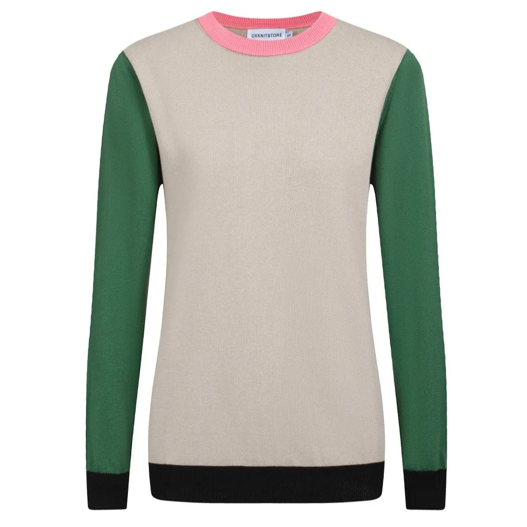 Women's beige Knitted T-shirt with  green sleeves