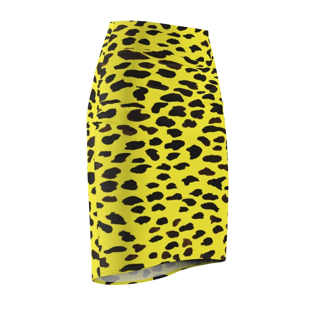 Yellow Leopard Women's Pencil Skirt, Animal Print Designer Mid Waist Skirt For Ladies-Made in USA