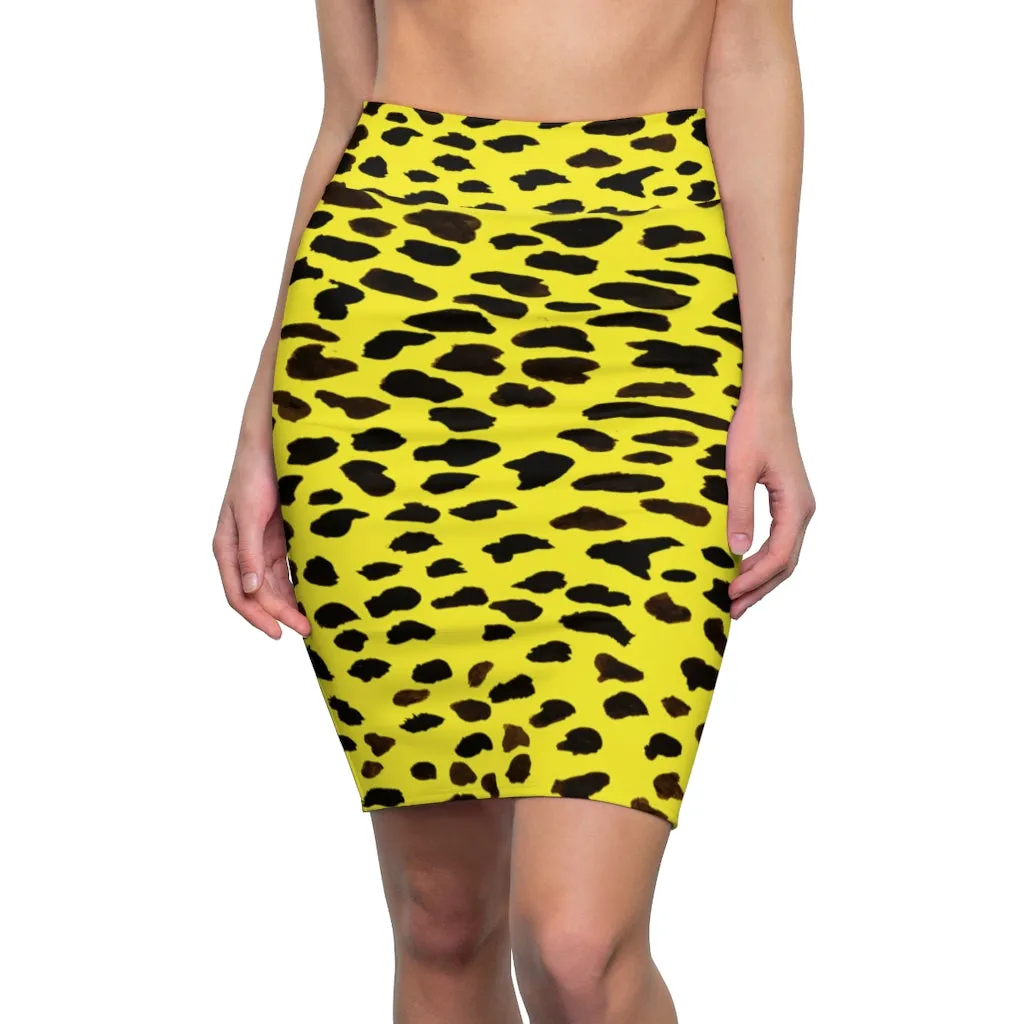 Yellow Leopard Women's Pencil Skirt, Animal Print Designer Mid Waist Skirt For Ladies-Made in USA