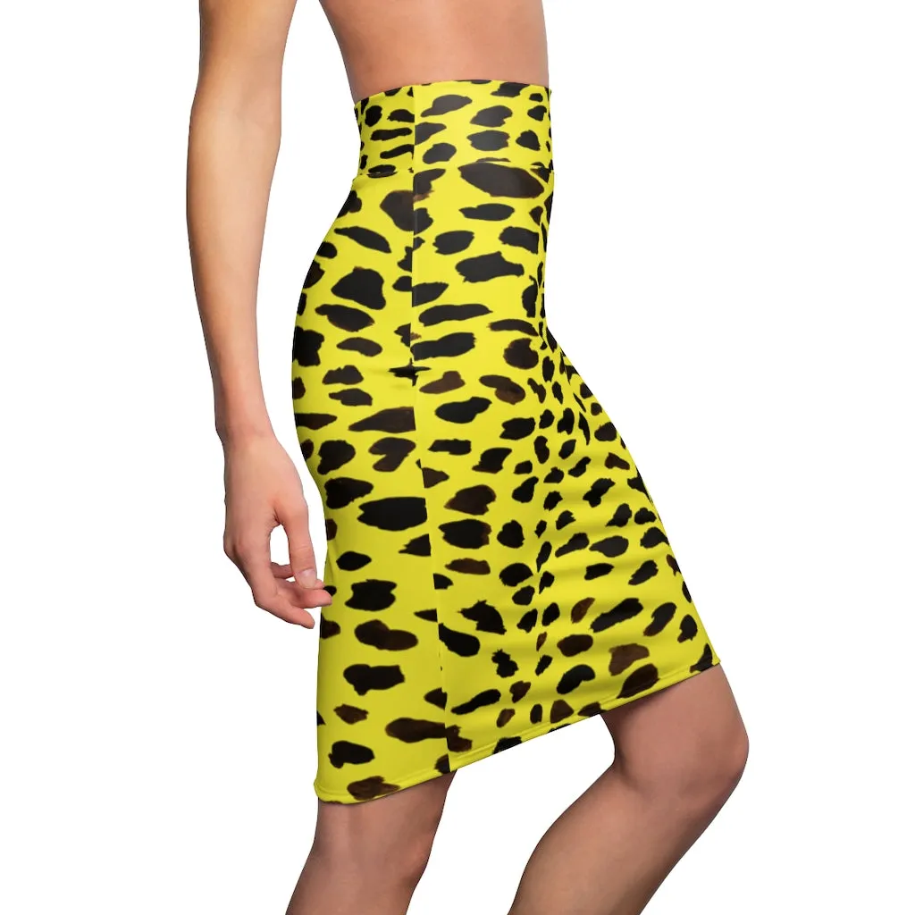 Yellow Leopard Women's Pencil Skirt, Animal Print Designer Mid Waist Skirt For Ladies-Made in USA