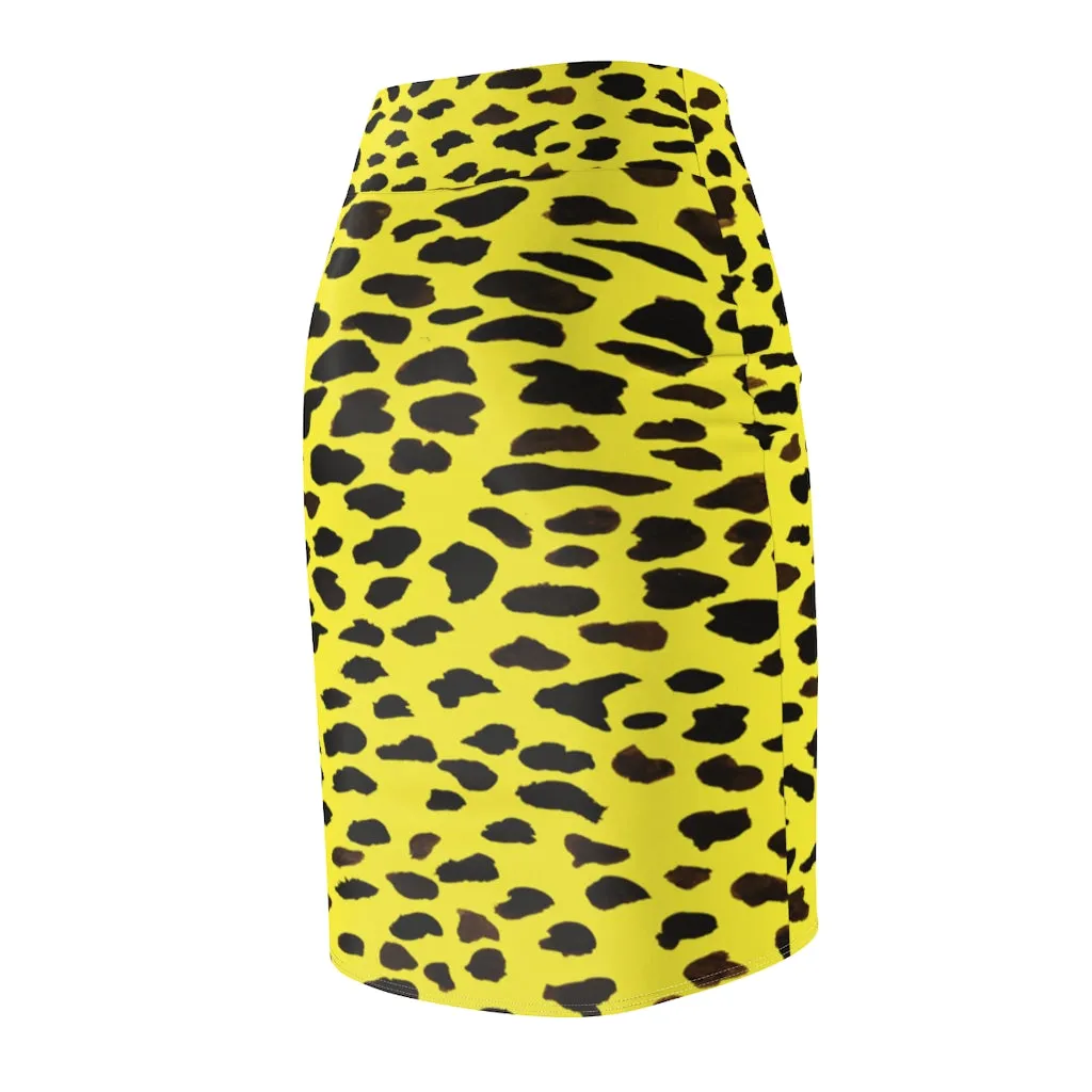 Yellow Leopard Women's Pencil Skirt, Animal Print Designer Mid Waist Skirt For Ladies-Made in USA