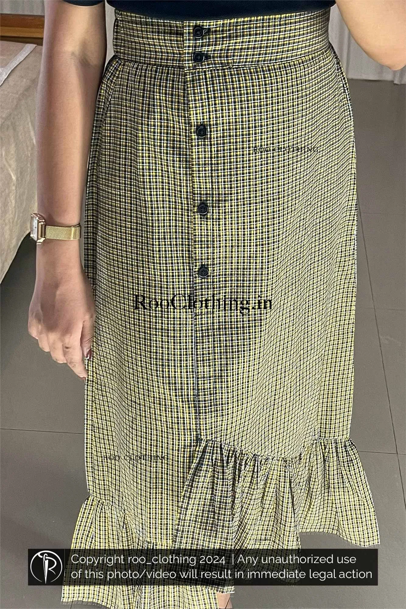 Yellow Tartan Checked A-Line Cotton Skirt with Layered Frill Hem (Skirt Only)