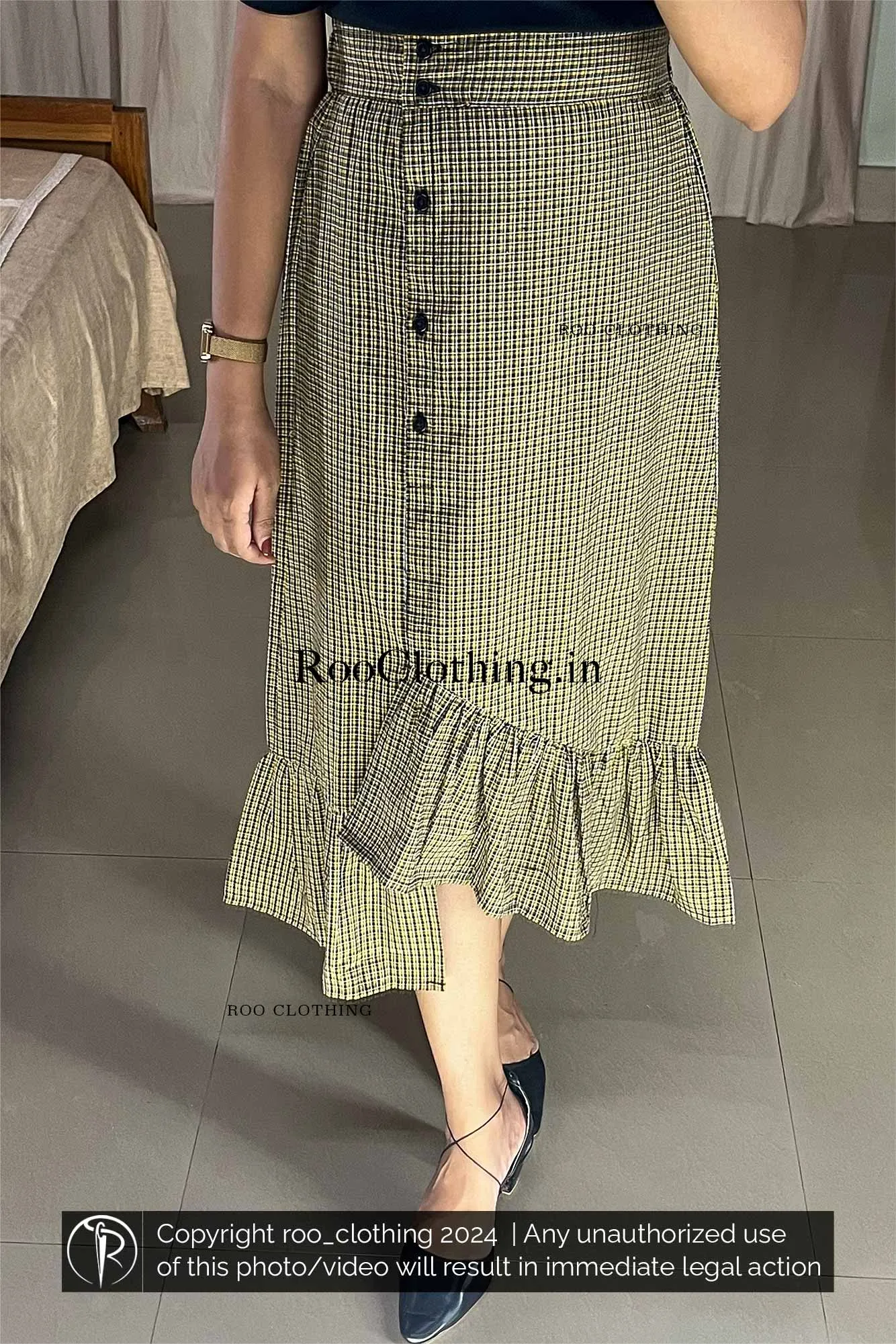 Yellow Tartan Checked A-Line Cotton Skirt with Layered Frill Hem (Skirt Only)