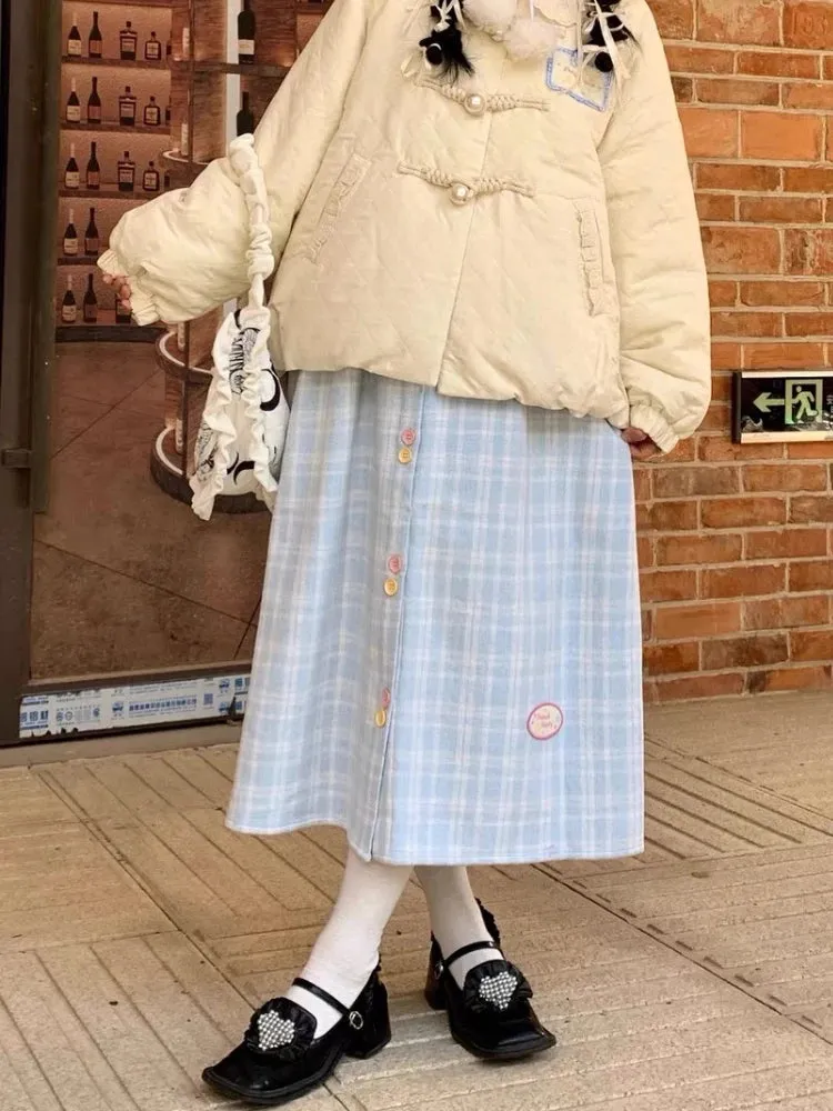 YESMYTOOL  -   Kawaii Plaid Skirt Women Winter Elastic Waist A-line Button Patchwork Cute Blue Woolen Long Skirt Harajuku Fashion